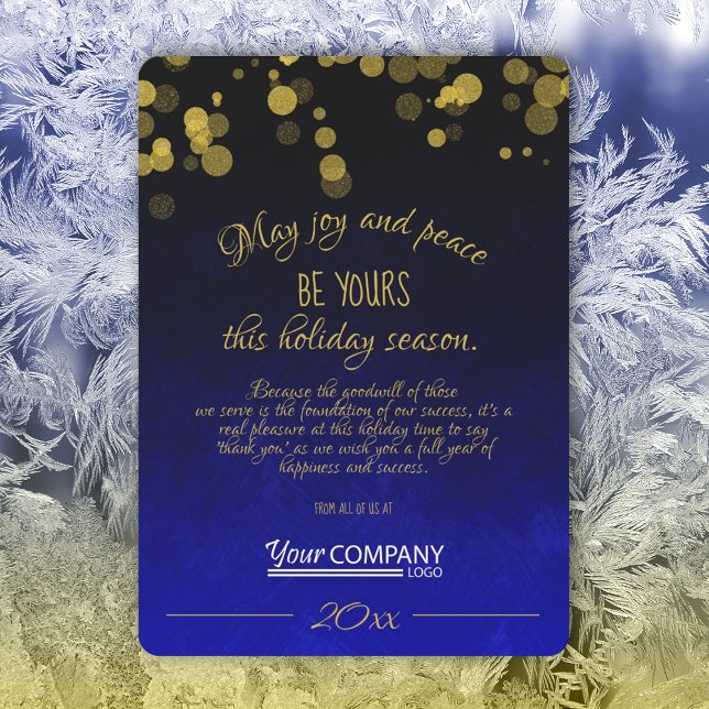 Cartão de Férias da Empresa Azul Dourado (Royal Blue, Dark Blue, Gold Shimmers Lights Company Holiday Christmas Cards with Business Logo)