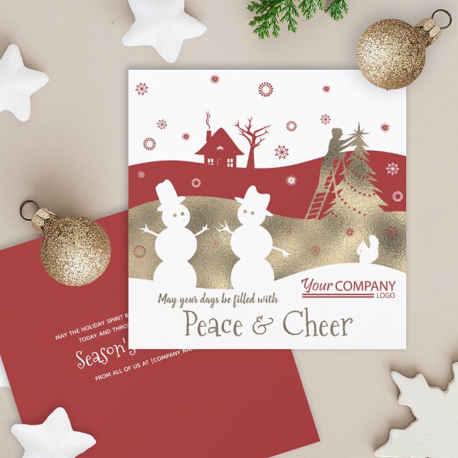 Cartão de Férias da Empresa Burgundy & Beige (burgundy red maroon company business holiday christmas xmas greeting card gold beige rustic snowmen)