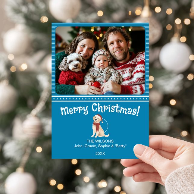 Cartão de Férias da Família de Cachorros de Natal  (Blue Merry Christmas holiday card with family photo and golden retriever illustration in Santa hat.)