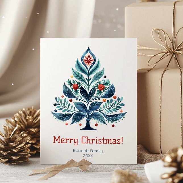 Cartão de férias da família Feliz Natal (“Celebrate simply. A watercolor tree card to brighten your loved ones’ Christmas 🎄✨)