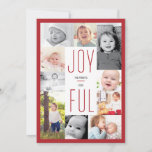 Cartão de Férias de 10 Fotografias Collage Joyful<br><div class="desc">Este cartão de fotos múltiplo oferece espaço para 10 fotos e um backer vermelho e branco listrado com a palavra Joyful no centro. Personalize-o com a colagem de fotos da sua família e adicione seus nomes e o ano. Personalize as cores para corresponder às suas fotos!</div>