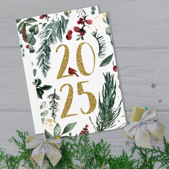 Cartão de Férias de Anos novos Elegante Rustic Bra (ELEGANT WHITE RUSTIC WINTER BOTANICAL NEW YEARS GREETING CARD)
