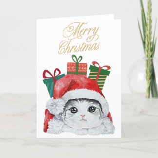 Cartão de Férias de Aquarela Fofo da Kitty Santa