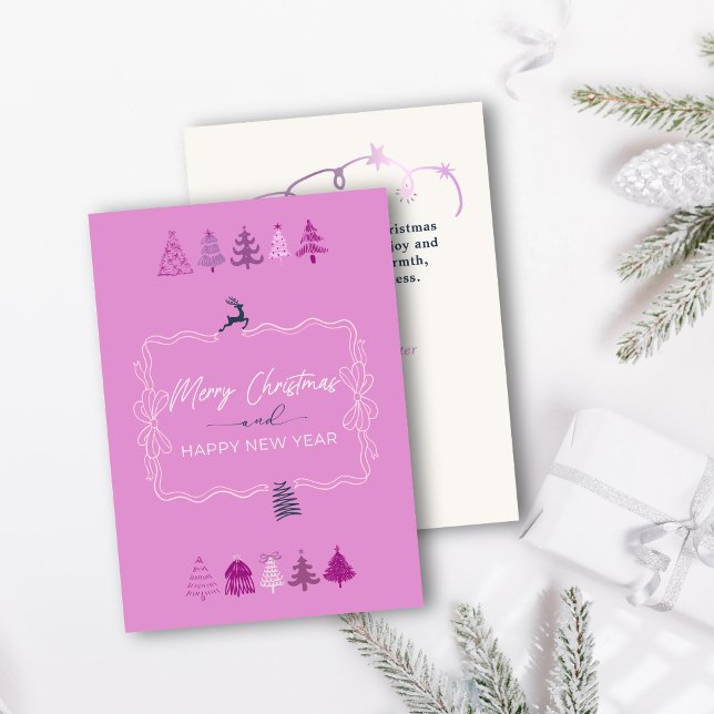 Cartão de Férias de Arco e Árvores com Rabiscos em (Festive Bow & Chic Trees Doodle Pastel Lavander Holiday Card)