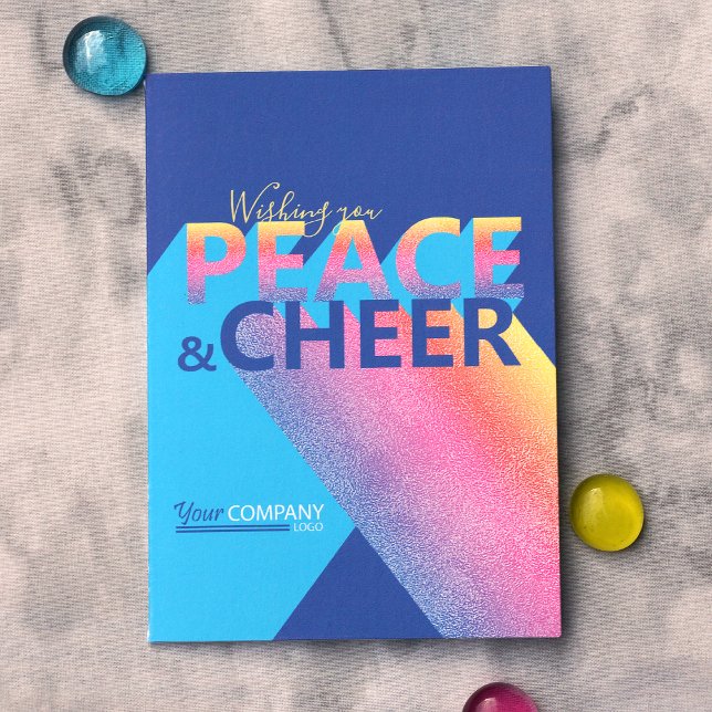 Cartão de Férias de Arte Azul, Turquesa, Rosa (Modern Unique Blue, Pink, Turquoise Company Christmas Holiday Card with Business Logo)