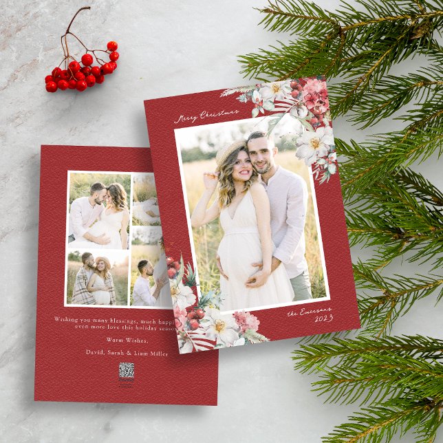 Cartão de Férias de Colagem de Fotos de Natal Eleg (Red Merry Christmas Photo Collage Holiday Card with Elegant Watercolor Botanical Florals Berries)