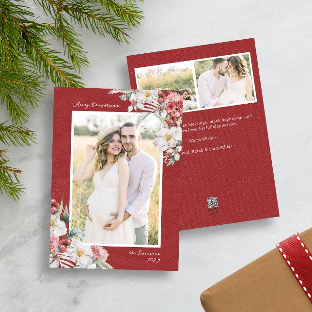 Cartão de Férias de Colagem de Fotos Elegante Nata (Red Merry Christmas Photo Collage Holiday Card with Elegant Watercolor Botanical Florals Berries)