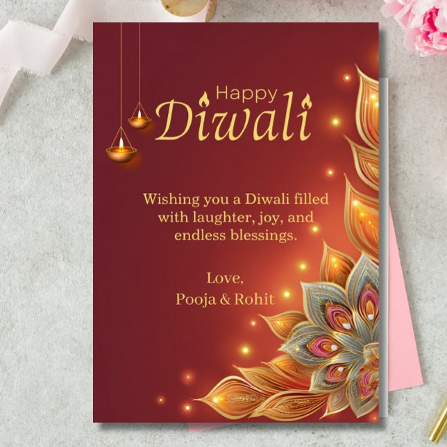 Cartão de Férias de Diwali Vermelho Dourado Lampiõ (Criador carregado)