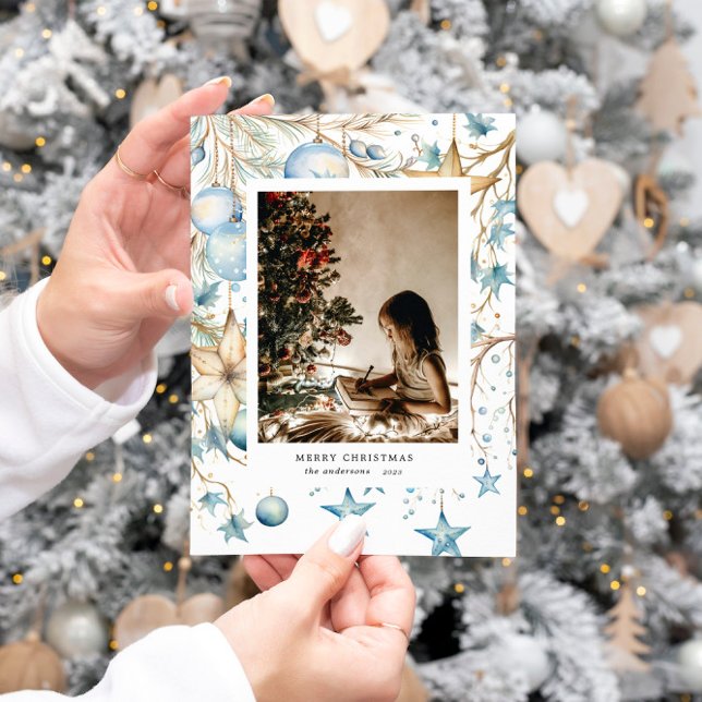 Cartão de Férias de Estrelas de Ornamentos Azuis (Criador carregado)