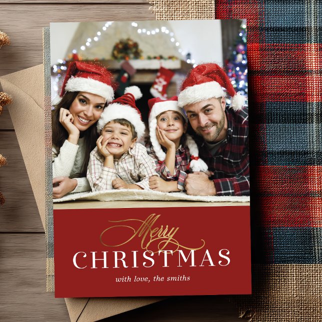 Cartão de Férias de Foto com Folha Dourada Falsa M (Wishing you a Merry Christmas ✨ Send your love with this elegant family photo holiday card.)