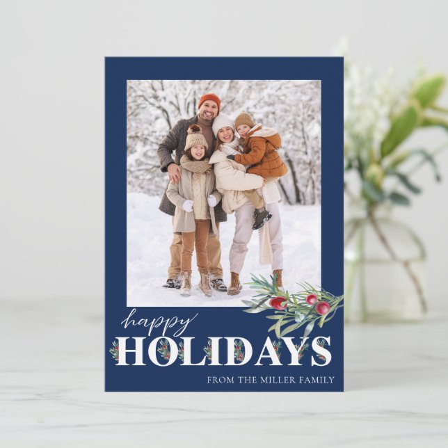 Cartão de Férias de Foto Verde Elegante Feliz Nata (Em pé/Frente)