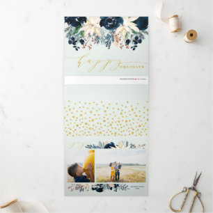 Cartão de Férias de Natal de Alegria Azul e Dourad