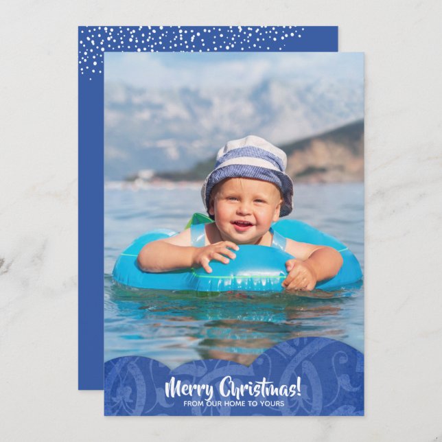 Cartão de Férias de Natal de Linen Filigree Azul (Frente/Verso)