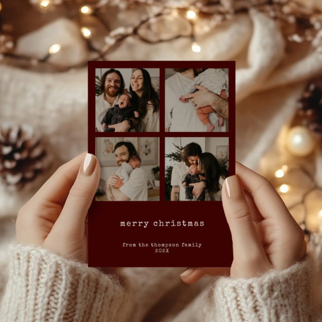 Cartão de Férias de Natal Mínimo com 4 Fotografias (4 Photo Minimalist Merry Christmas Holiday Card)