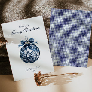 Cartão de Férias de Natal para Ornamento Azul Trad