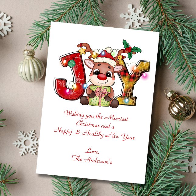 Cartão de Férias de Natal para Reindeer Personaliz (Joy with Reindeer Personalized Christmas Card. Add your wording. Printed or Digital instant download)