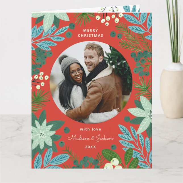 Cartão de Férias de Natal Vermelho Floral (Frente)