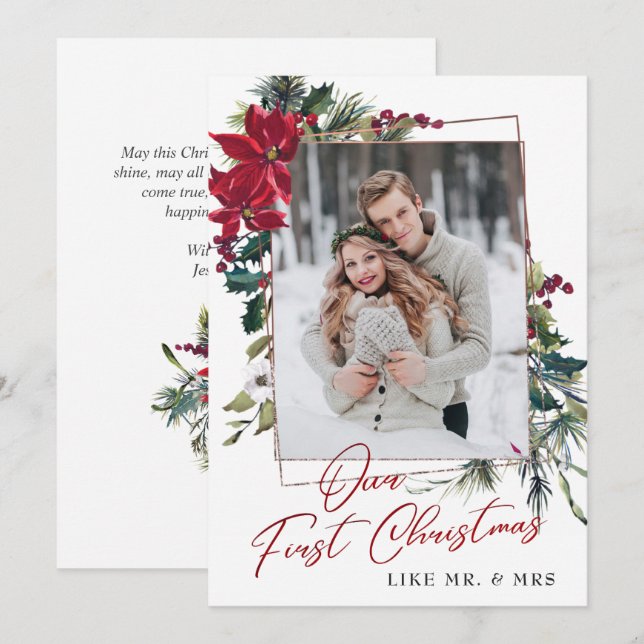 Cartão de Férias de Poinsettia Natal Elegante (Frente/Verso)