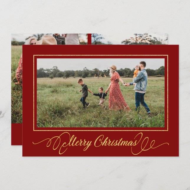 Cartão de Férias de Quadro Dourado Natal Vermelho (Frente/Verso)