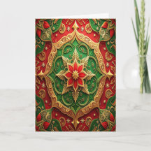 Cartão de Férias Decorativo Vermelho Verde Dourado