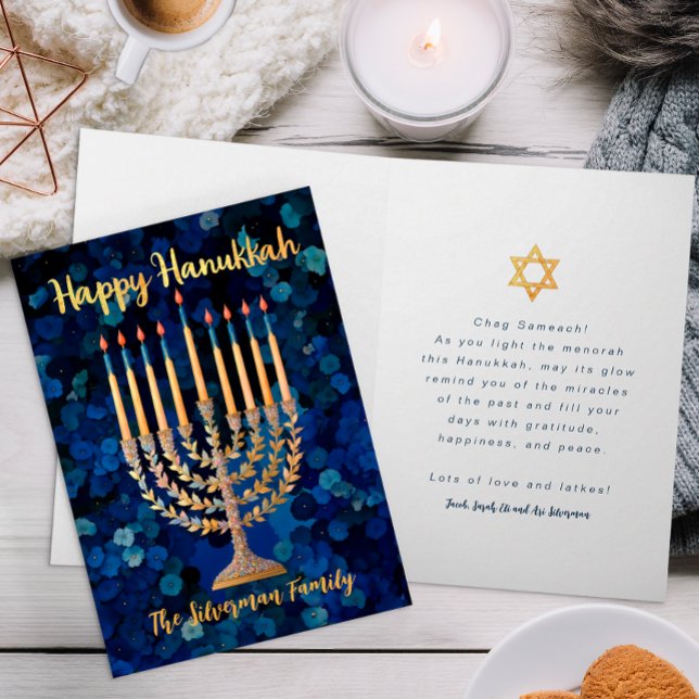 Cartão de Férias Dourado Menorah Hanukkah (Happy Hanukkah Card)