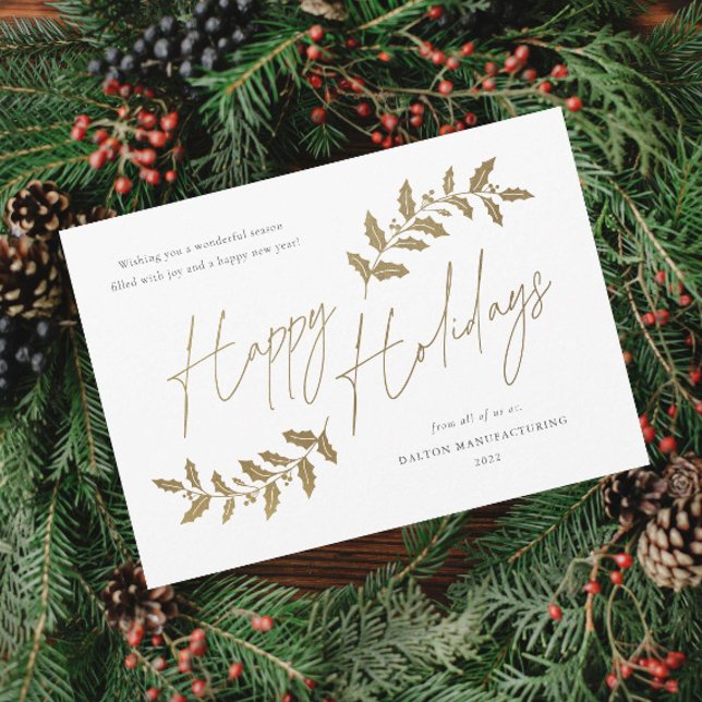 Cartão de Férias Empresariais de Fim de Ano com Le (Elegant Script Gold Happy Holidays Greenery Leaves Business Holiday Magnetic Card.)