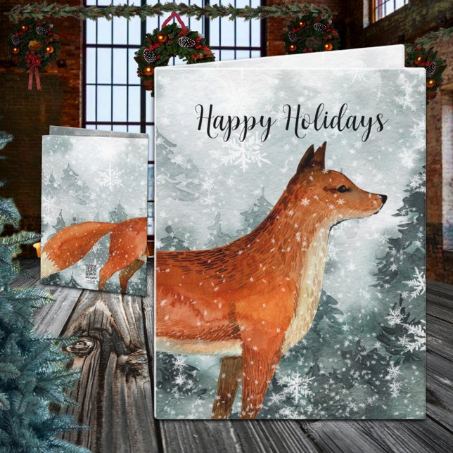 Cartão de Férias Feliz da Floresta Vermelha da Mad (Woodland Forest Red Fox Happy Holiday Wraparound Graphics Folded Christmas Card)