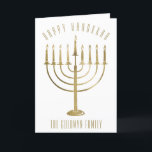 Cartão de Férias Feliz de Hanukkah Menorah Dentro<br><div class="desc">Envie aos seus entes queridos um cartão com fotos personalizado nesta temporada de Chanucá. Este design apresenta uma menorah dourada na frente e a mensagem lê "Happy Hanukkah". Abaixo da menorah está um lugar para seu nome familiar que você pode personalizar ou remover se quiser. A dentro do cartão tem...</div>