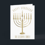Cartão de Férias Feliz de Hanukkah Menorah Dentro<br><div class="desc">Envie aos seus entes queridos um cartão com fotos personalizado nesta temporada de Chanucá. Este design apresenta uma menorah dourada na frente e a mensagem lê "Happy Hanukkah". Abaixo da menorah está um lugar para seu nome familiar que você pode personalizar ou remover se quiser. A dentro do cartão tem...</div>