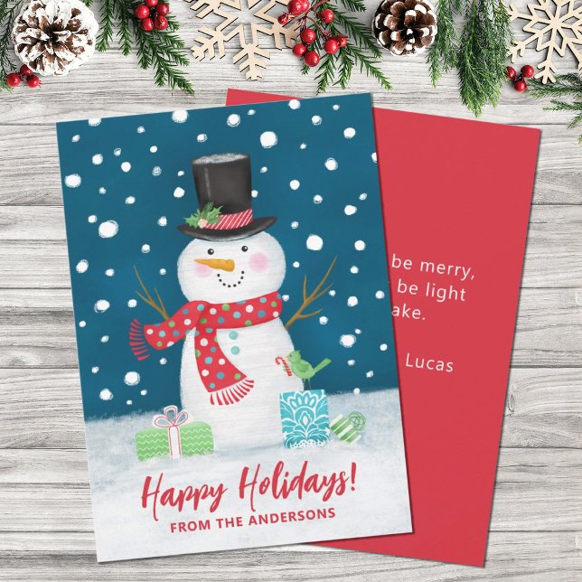 Cartão de Férias Feliz de Natal para Homem de Neve (A cute festive holiday snowman decorates this Christmas card. Personalize it with your name.)