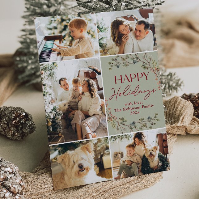 Cartão de Férias Feliz Simples Vermelho Verde 5 Fo (Criador carregado)