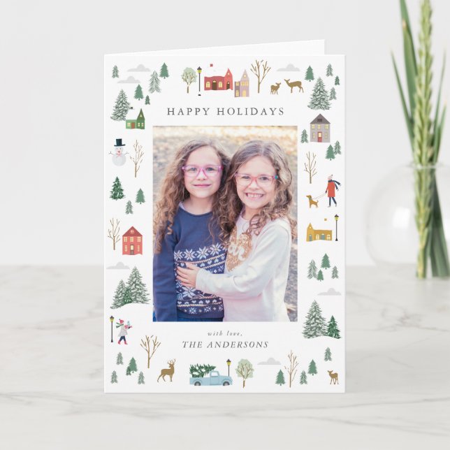 Cartão de Férias Flat da aldeia de Natal Neve (Frente)