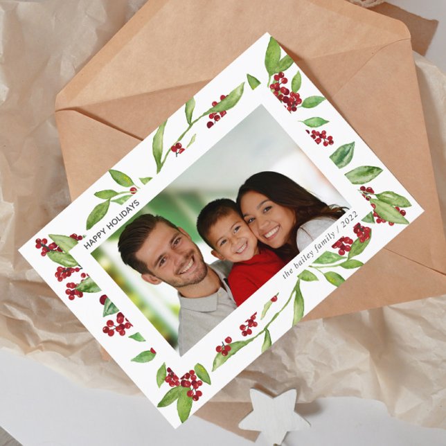 Cartão de Férias Holly e Watercolor Greenery (Criador carregado)