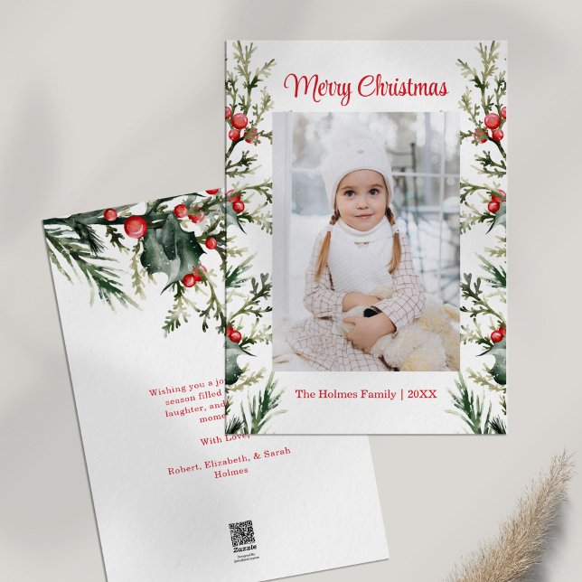 Cartão de Férias Misteriosas Moderno (Modern Minimalist Mistletoe Photo Holiday Card on white table)