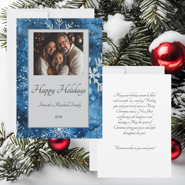Cartão de Férias Neve Azul Elegante (Elegant Blue Snowflake Holiday Card)