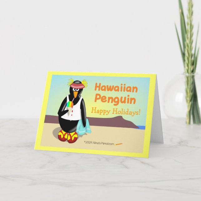 Cartão de Férias Personalizável do Pinguim Havaian (Frente)