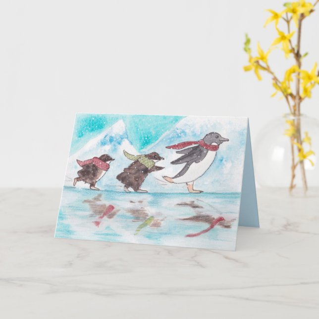 Cartão De Férias Pinguins De Pele Ice (Flor Amarela)