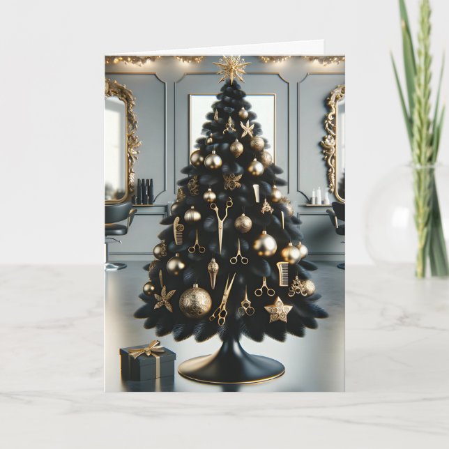 Cartão de férias preto e dourado para cabeleireiro (Frente)