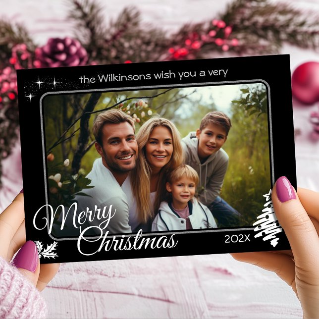 Cartão de Férias Preto para Foto de Natal Moderno (Modern Christmas Photo Black Personalized Custom Holiday Card)