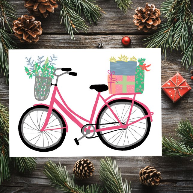 Cartão de Férias Rosa para Presentes de Bicicleta  (Adorable Christmas Bicycle Holiday Xmas Gifts Pink Flat 
Card)