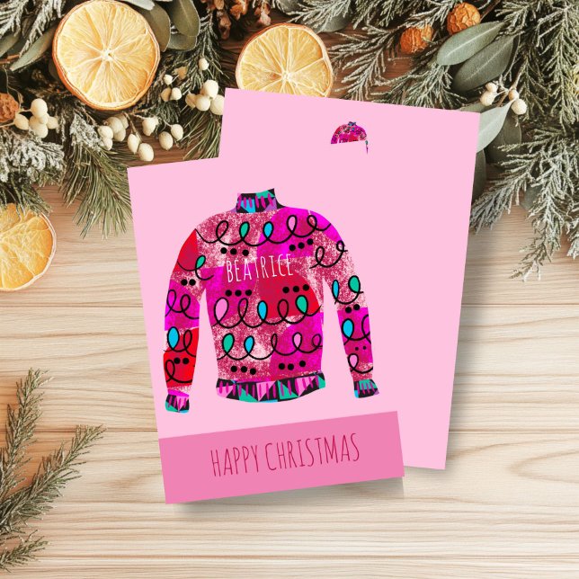 Cartão de Férias Rosa, Suéter de Natal Feio Editáv (Pink Ugly Sweater Christmas Card)