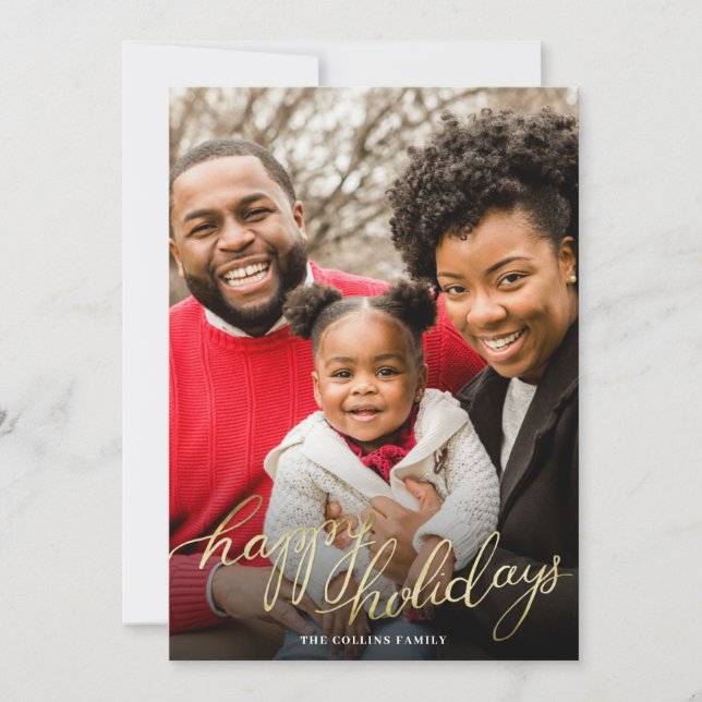 Cartão de Férias Simples Dourado de Fotos Felizes (Frente)