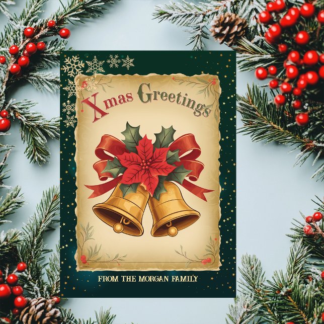 Cartão de Férias Verde de natais vintages Bells (Criador carregado)