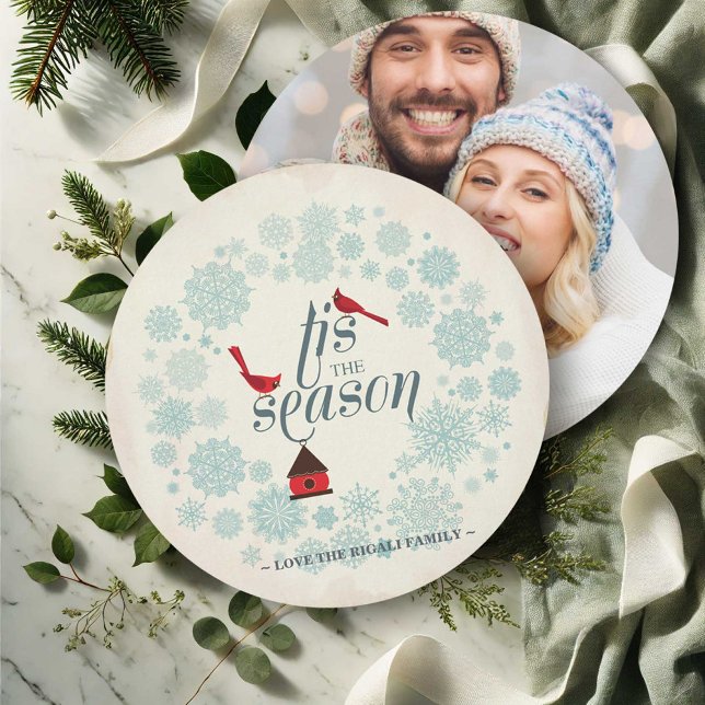 Cartão de Férias Vintage Snowflake (Best Christmas cards with photo features snow and red cardinals. )