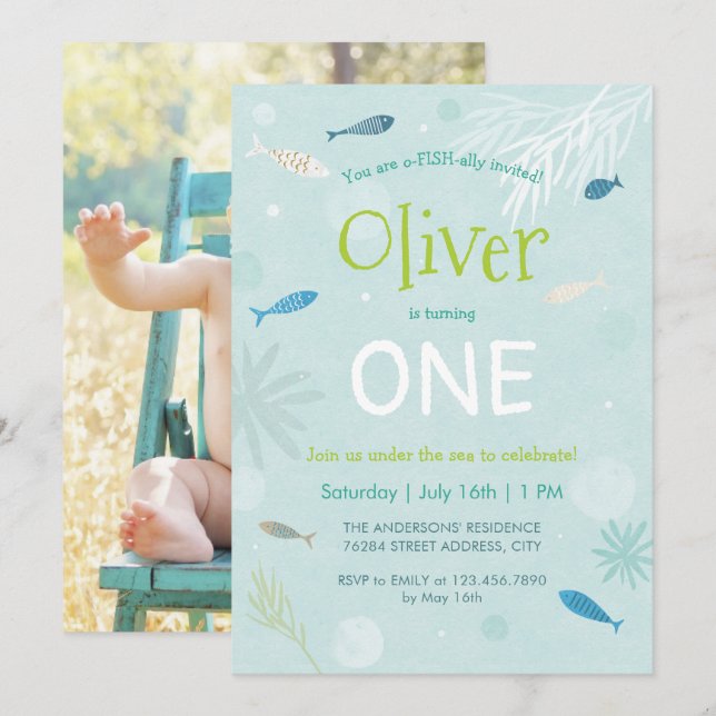 Cartão de Festa Aniversário de criança de Peixe Az (Frente/Verso)