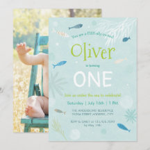 Cartão de Festa Aniversário de criança de Peixe Az