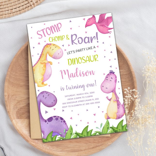 Cartão de Festa Bestial para Meninas (Purple Dinosaur Birthday Invitations)