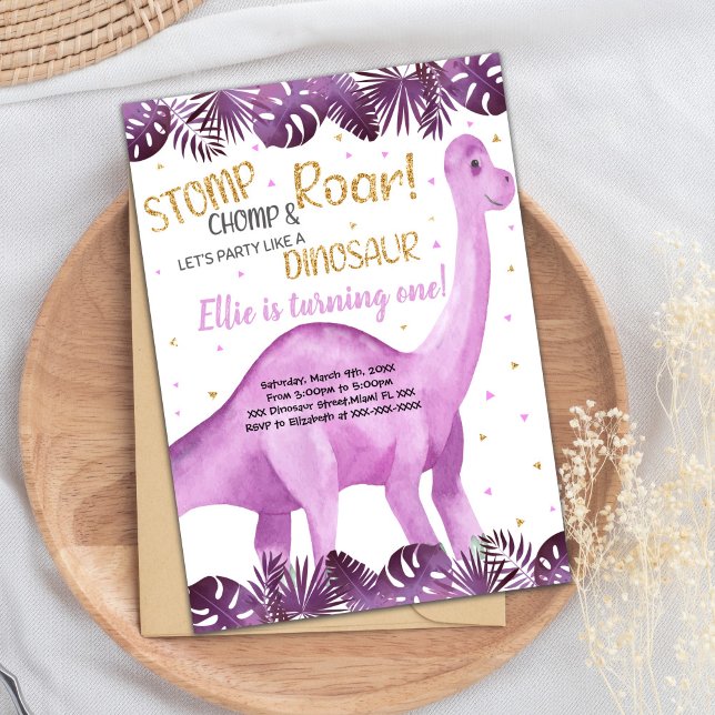 Cartão de Festa Bestial para Meninas (Pink Glitter Dinosaur Birthday Invitations)