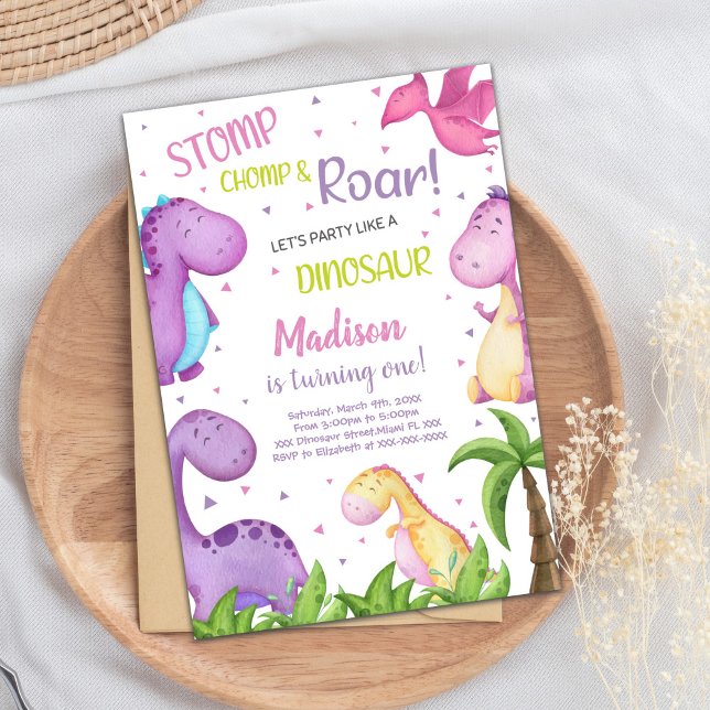 Cartão de Festa de Estrada para Meninas (Pink Purple Dinosaur Birthday Invitations)