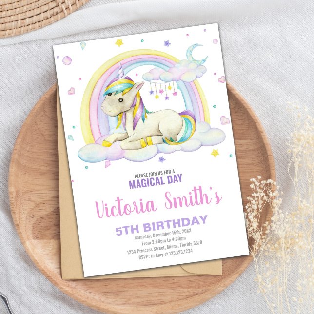 Cartão de Festa de Fantasia de Meninas Editáveis c (Rainbow Cloud Unicorn Birthday Invitations)
